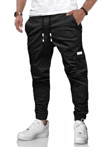 LIUPMWE Herren Hose Chino Cargo Jogginghose Baumwolle Sweathose Lange Atmungsaktiv Sporthose Freizeithose Elastische Pants Taille mit Kordelzug Taschen,Schwarz-04,L von LIUPMWE