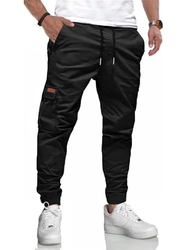 LIUPMWE Herren Hose Chino Cargo Jogginghose Baumwolle Sweathose Lange Atmungsaktiv Sporthose Freizeithose Elastische Pants Taille mit Kordelzug Taschen,Schwarz-05,XXL von LIUPMWE