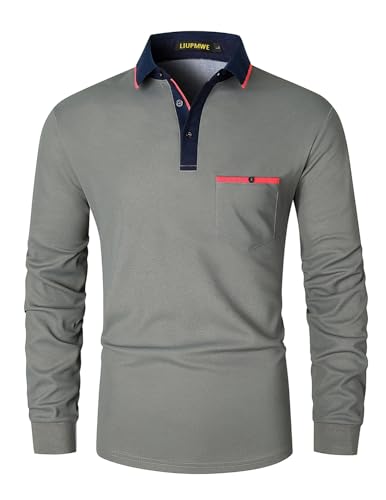 LIUPMWE Herren Poloshirt Langarm Klassische Kontrastfarbe Streifen Stitching Golf Tennis Poloshirts,Grau-08,XL von LIUPMWE