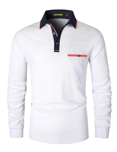 LIUPMWE Herren Poloshirt Langarm Klassische Kontrastfarbe Streifen Stitching Golf Tennis Poloshirts,Weiß-08,L von LIUPMWE