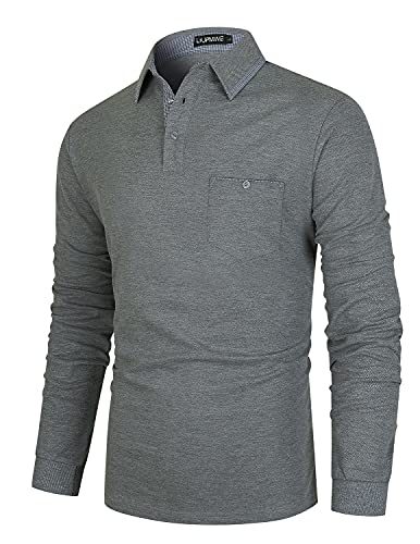 LIUPMWE Poloshirt Herren Langarm Baumwolle Regular Slim Fit Plaid Klassisch Kariert Kragen Golf Polohemd M-3XL,Grau-30,XL von LIUPMWE