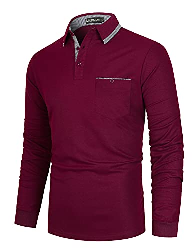 LIUPMWE Herren Poloshirt Langarm Polohemd Klassische Karierte Regular Fit Basic Golf T-Shirt S-2XL,Rot-30,M von LIUPMWE