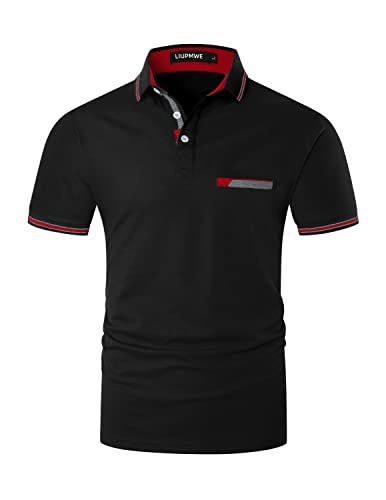 LIUPMWE Herren Poloshirts Kurzarm Baumwolle Polo Shirts Polohemd Männer Slim Fit Golf T-Shirt Mit Taschen S-XXL,XL,Schwarz von LIUPMWE