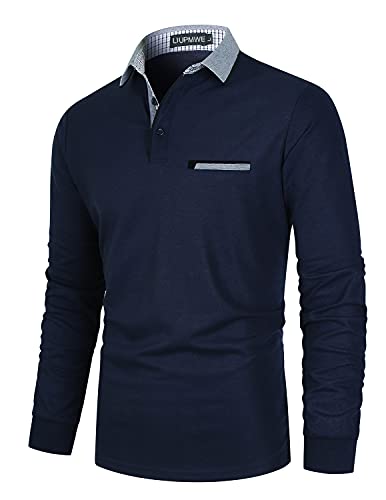 LIUPMWE Herren Poloshirts Langarm Baumwolle Polohemd Basic Casual Fitness Einfarbig Golf T-Shirt mit Brusttasche S-2XL,Marine,XXL von LIUPMWE