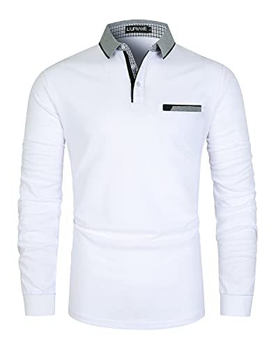 LIUPMWE Herren Poloshirts Langarm Baumwolle Polohemd Basic Casual Fitness Einfarbig Golf T-Shirt mit Brusttasche S-2XL,Weiß,L von LIUPMWE