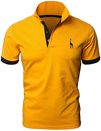 LIUPMWE Poloshirt Herren Kurzarm Baumwolle Einfarbig Basic Golf T-Shirt Giraffe Stickerei Polohemd Sommer,Gelb-07,L von LIUPMWE