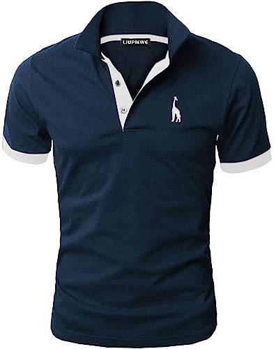 LIUPMWE Poloshirt Herren Kurzarm Baumwolle Einfarbig Basic Golf T-Shirt Giraffe Stickerei Polohemd Sommer,Blau+Weiß,XL von LIUPMWE