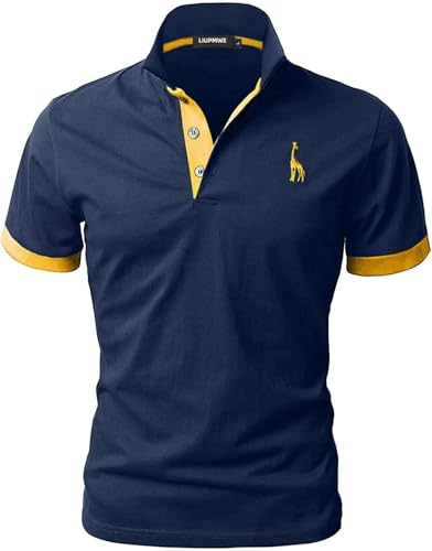 LIUPMWE Poloshirt Herren Kurzarm Baumwolle Einfarbig Basic Golf T-Shirt Giraffe Stickerei Polohemd Sommer,Blau-07,3XL von LIUPMWE