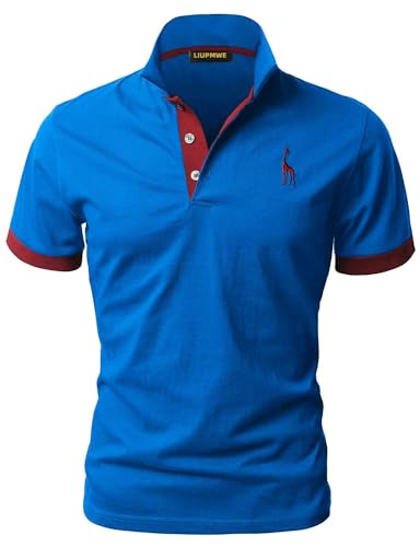 LIUPMWE Poloshirt Herren Kurzarm Baumwolle Einfarbig Basic Golf T-Shirt Giraffe Stickerei Polohemd Sommer,Blau 1+Rot 1,XXL von LIUPMWE