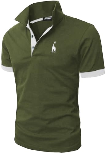 LIUPMWE Poloshirt Herren Kurzarm Baumwolle Einfarbig Basic Golf T-Shirt Giraffe Stickerei Polohemd Sommer,Grün+Weiß,3XL von LIUPMWE