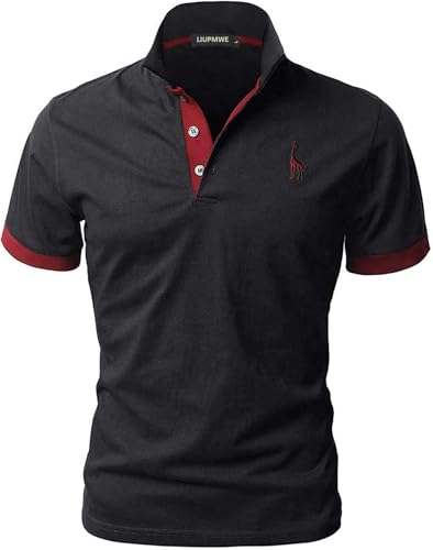 LIUPMWE Poloshirt Herren Kurzarm Baumwolle Einfarbig Basic Golf T-Shirt Giraffe Stickerei Polohemd Sommer,Schwarz-07,XL von LIUPMWE