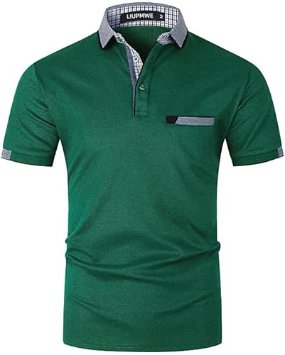 LIUPMWE Poloshirt Herren Kurzarm Baumwolle mit Brusttasche Polohemd Regular Fit Basic Streifen Tennis Golf T-Shirt,Grün,M von LIUPMWE