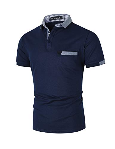 LIUPMWE Poloshirt Herren Kurzarm Baumwolle mit Brusttasche Polohemd Regular Fit Basic Streifen Tennis Golf T-Shirt,Navyblau,M von LIUPMWE