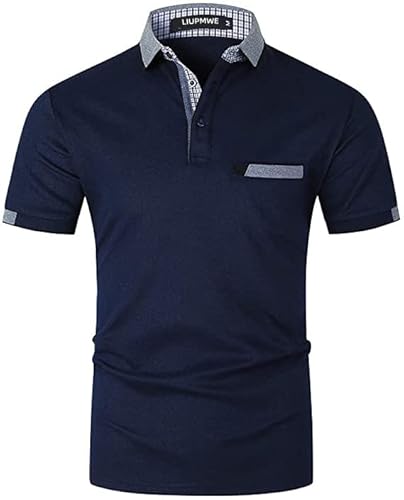 LIUPMWE Poloshirt Herren Kurzarm Baumwolle mit Brusttasche Polohemd Regular Fit Basic Streifen Tennis Golf T-Shirt,Navyblau,XXL von LIUPMWE