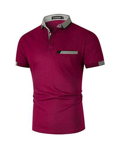 LIUPMWE Poloshirt Herren Kurzarm Baumwolle mit Brusttasche Polohemd Regular Fit Basic Streifen Tennis Golf T-Shirt,Rotwein,L von LIUPMWE