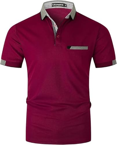 LIUPMWE Poloshirt Herren Kurzarm Baumwolle mit Brusttasche Polohemd Regular Fit Basic Streifen Tennis Golf T-Shirt,Rotwein,XXL von LIUPMWE