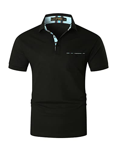 LIUPMWE Poloshirt Herren Kurzarm Getäfelt T Shirts Männer Hemd T-Shirt Slim Fit Golf Sports Sommer,M,Schwarz-DT06 von LIUPMWE