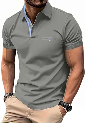 LIUPMWE Poloshirt Herren Kurzarm Männer Hemd Kontrast Polohemd Klassisches Sommer,L,Grau-45 von LIUPMWE