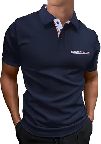 LIUPMWE Poloshirt Herren Kurzarm Polohemd Karierter Kragen Hemd T-Shirt Sommer Slim Fit Golf Sports,Blau,M von LIUPMWE