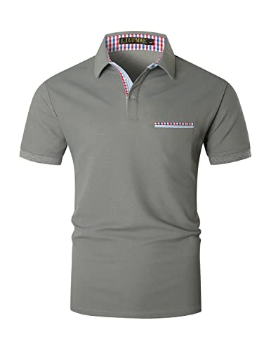 LIUPMWE Poloshirt Herren Kurzarm Polohemd Karierter Kragen Hemd T-Shirt Sommer Slim Fit Golf Sports,Grau,L von LIUPMWE