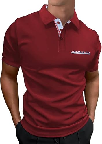 LIUPMWE Poloshirt Herren Kurzarm Polohemd Karierter Kragen Hemd T-Shirt Sommer Slim Fit Golf Sports,Rot,3XL von LIUPMWE