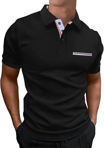 LIUPMWE Poloshirt Herren Kurzarm Polohemd Karierter Kragen Hemd T-Shirt Sommer Slim Fit Golf Sports,Schwarz,L von LIUPMWE