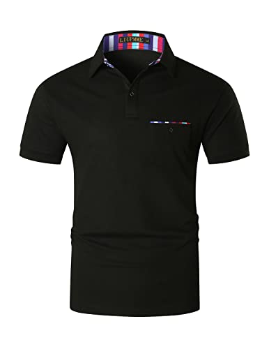 LIUPMWE Poloshirt Herren Kurzarm Polohemd Karierter Kragen Hemd T-Shirt Sommer Slim Fit Golf Sports,Schwarz-A,L von LIUPMWE