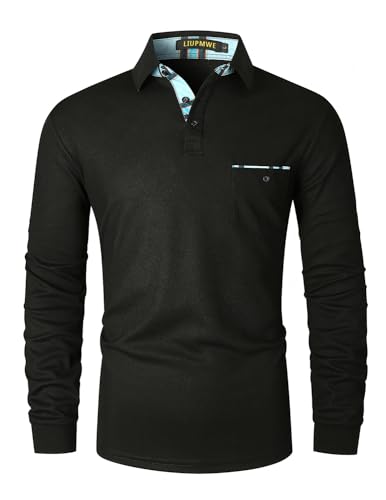 LIUPMWE Poloshirt Herren Langarm Casual Tennis Slim Fit Golf Sports kariertem Kragen T-Shirt,Schwarz-09,M von LIUPMWE