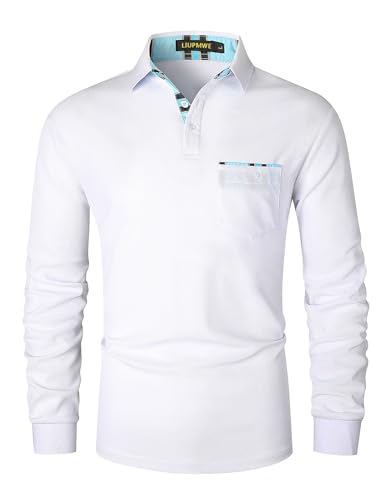 LIUPMWE Poloshirt Herren Langarm Casual Tennis Slim Fit Golf Sports kariertem Kragen T-Shirt,Weiß-09,M von LIUPMWE