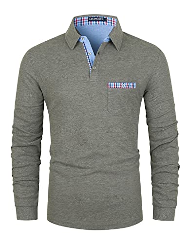 LIUPMWE Poloshirt Herren Langarm Getäfelt T Shirts Männer Hemd Slim Fit Golf Sports,Grau,L von LIUPMWE