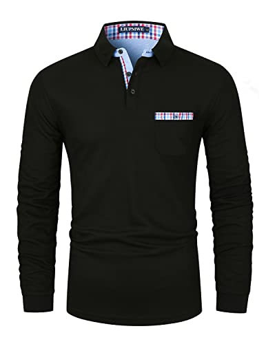 LIUPMWE Poloshirt Herren Langarm Getäfelt T Shirts Männer Hemd T-Shirt Slim Fit Golf Sports,Schwarz,3XL von LIUPMWE