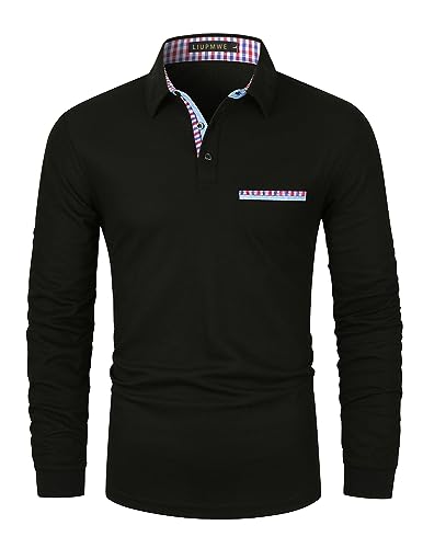 LIUPMWE Poloshirt Herren Langarm Golf T-Shirt Casual Tops Klassisches Polohemd M-3XL,Schwarz-DT01,L von LIUPMWE