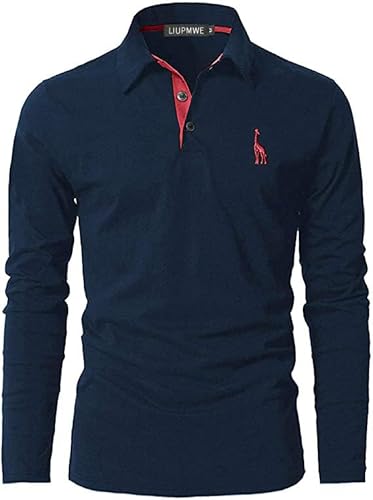 LIUPMWE Poloshirt Herren Langarm Polohemd Giraffe Stickerei Einfarbig Slim Fit T-Shirt M-3XL,Blau-0901,XL von LIUPMWE