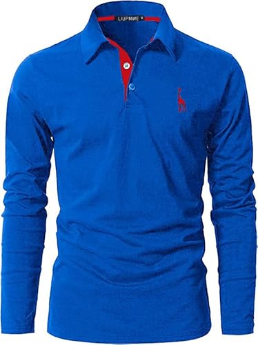 LIUPMWE Poloshirt Herren Langarm Polohemd Giraffe Stickerei Einfarbig Slim Fit T-Shirt M-3XL,Blau-0902,M von LIUPMWE