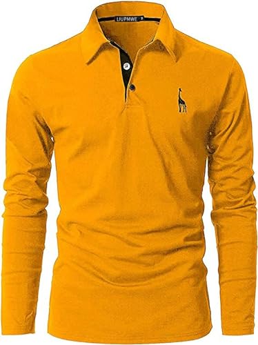 LIUPMWE Poloshirt Herren Langarm Polohemd Giraffe Stickerei Einfarbig Slim Fit T-Shirt M-3XL,Gelb-09,XXL von LIUPMWE