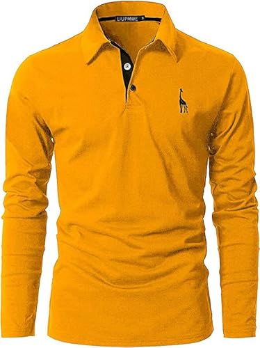 LIUPMWE Poloshirt Herren Langarm Polohemd Giraffe Stickerei Einfarbig Slim Fit T-Shirt M-3XL,Gelb-09,XXL von LIUPMWE