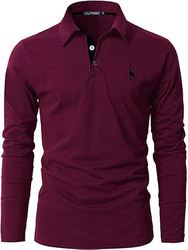 LIUPMWE Poloshirt Herren Langarm Polohemd Giraffe Stickerei Einfarbig Slim Fit T-Shirt M-3XL,Rot-09,XXXL von LIUPMWE