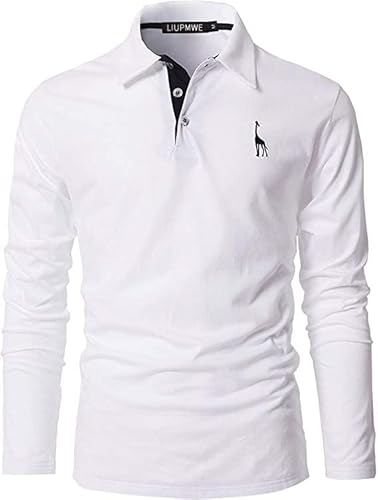 LIUPMWE Poloshirt Herren Langarm Polohemd Giraffe Stickerei Einfarbig Slim Fit T-Shirt M-3XL,Weiß-09,L von LIUPMWE