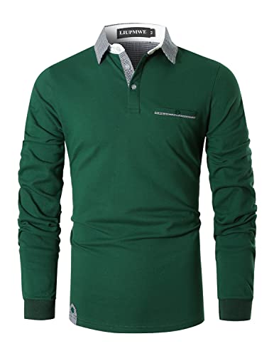 LIUPMWE Poloshirt Herren Langarm Polos Slim Fit Klassisch Kariert Kragen Baumwolle Golf T-Shirts Casual Polo Shirts,Grün-12,3XL von LIUPMWE