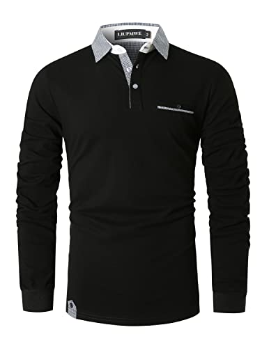 LIUPMWE Poloshirt Herren Langarm Polos Slim Fit Klassisch Kariert Kragen Baumwolle Golf T-Shirts Casual Polo Shirts,Schwarz-12,L von LIUPMWE