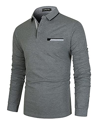 LIUPMWE Poloshirt Herren Langarm Slim Fit Denim Nähen Einfarbig Männer Golf Polo Shirts Baumwolle Polohemd,3XL,Dunkelgrau von LIUPMWE