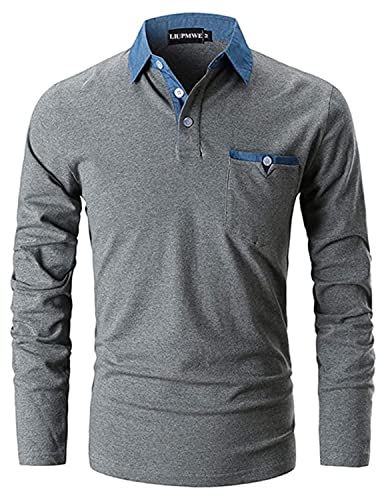 LIUPMWE Poloshirt Herren Langarm Slim Fit Denim Nähen Einfarbig Männer Golf Polo Shirts Baumwolle Polohemd,3XL,Grau von LIUPMWE