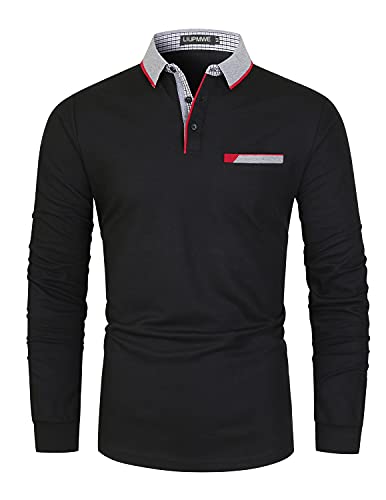 LIUPMWE Poloshirt Herren Langarm Slim Fit Denim Nähen Einfarbig Männer Golf Polo Shirts Baumwolle Polohemd,3XL,Schwarz 1 von LIUPMWE