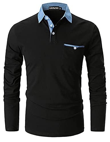 LIUPMWE Poloshirt Herren Langarm Slim Fit Denim Nähen Einfarbig Männer Golf Polo Shirts Baumwolle Polohemd,3XL,Schwarz von LIUPMWE