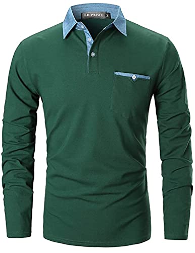 LIUPMWE Poloshirt Herren Langarm Slim Fit Denim Nähen Einfarbig Männer Golf Polo Shirts Baumwolle Polohemd (XXL, Grün) von LIUPMWE