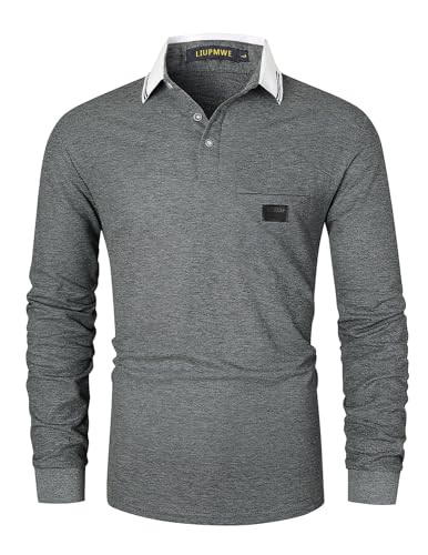 LIUPMWE Poloshirts Herren Langarm Golf Poloshirts mit Tasche Kontrastfarbe Ausschnitt Baumwolle Basic Polohemd T-Shirt,Grau-40,L von LIUPMWE