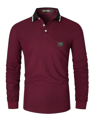 LIUPMWE Poloshirts Herren Langarm Golf Poloshirts mit Tasche Kontrastfarbe Ausschnitt Baumwolle Basic Polohemd T-Shirt,Rot-40,XXXL von LIUPMWE