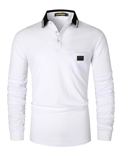 LIUPMWE Poloshirts Herren Langarm Golf Poloshirts mit Tasche Kontrastfarbe Ausschnitt Baumwolle Basic Polohemd T-Shirt,Weiß-40,XXL von LIUPMWE
