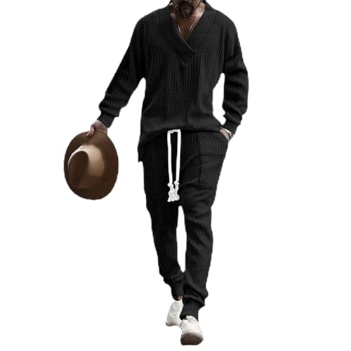 LIUPONHU Athleisure Cable Jacquard Set, Men's Casual V-Neck Long Sleeve Tops and Drawstring Jogging Suits 2 Piece Set von LIUPONHU