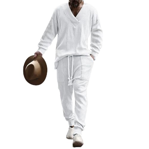LIUPONHU Athleisure Cable Jacquard Set, Men's Casual V-Neck Long Sleeve Tops and Drawstring Jogging Suits 2 Piece Set von LIUPONHU